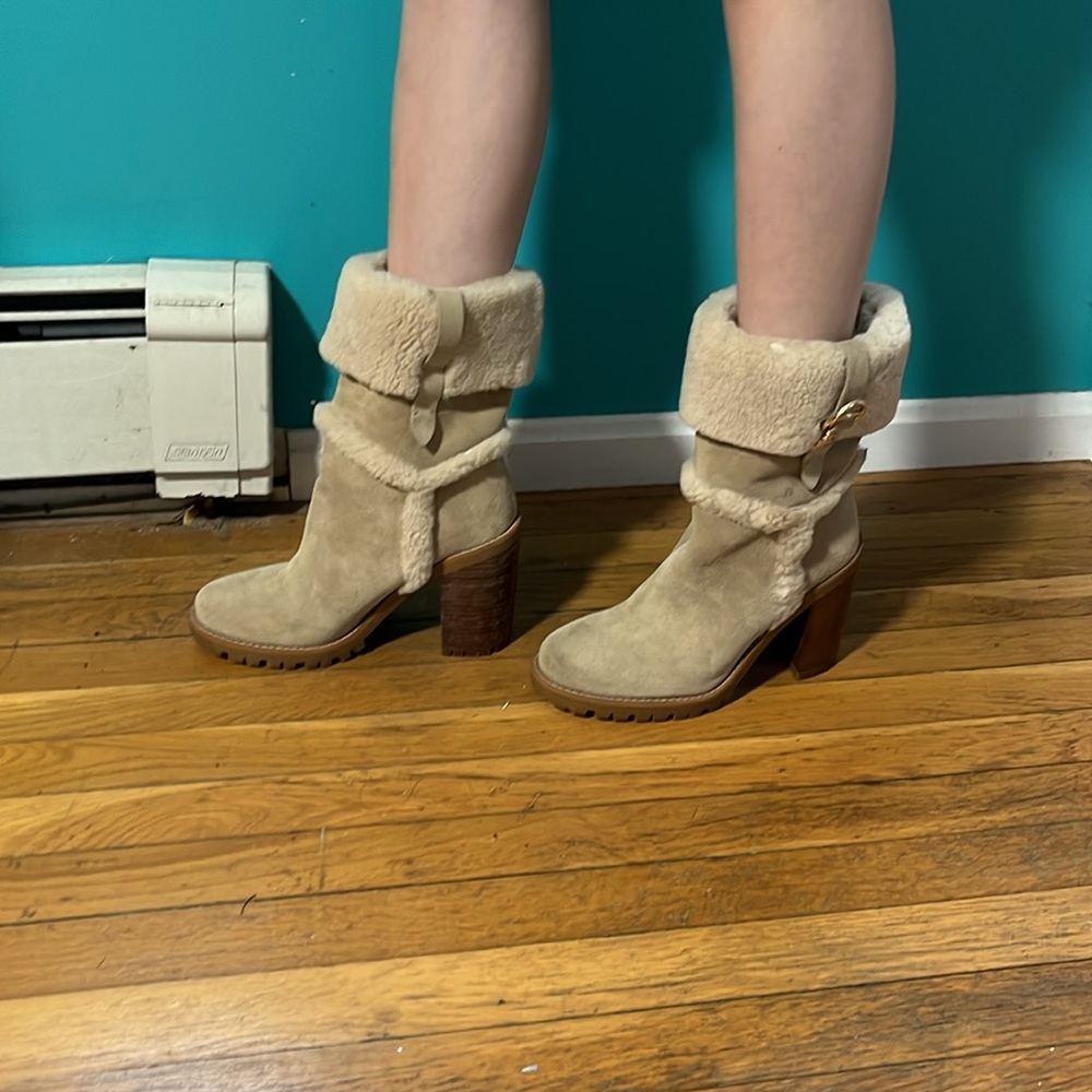 Coach Harlie Shearling Trimmed Leather Boots New Size 9